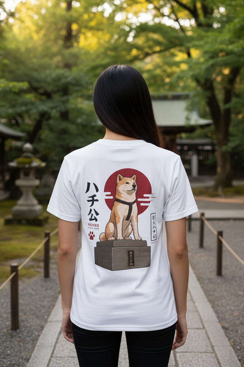 Hachiko Statue White Tee Girl Temple