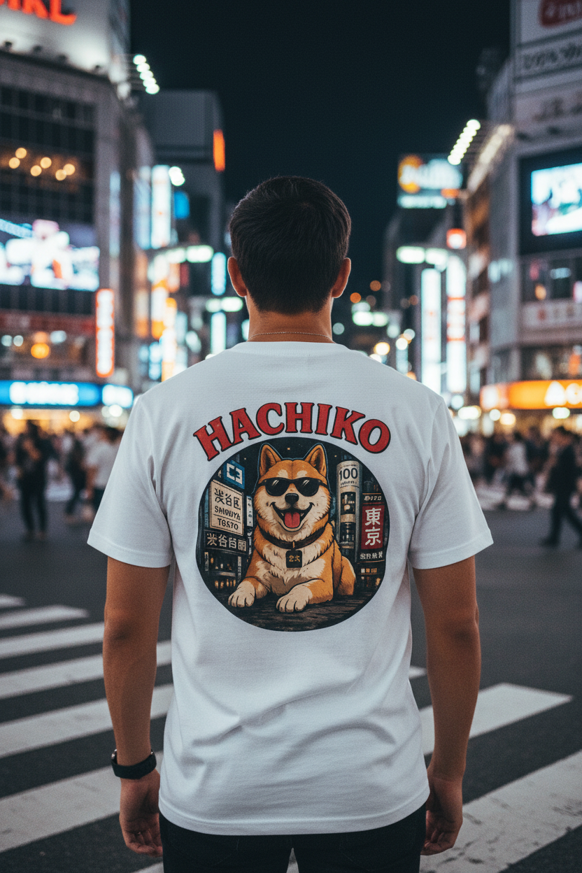 Hachiko White Tee Guy Tokyo Night
