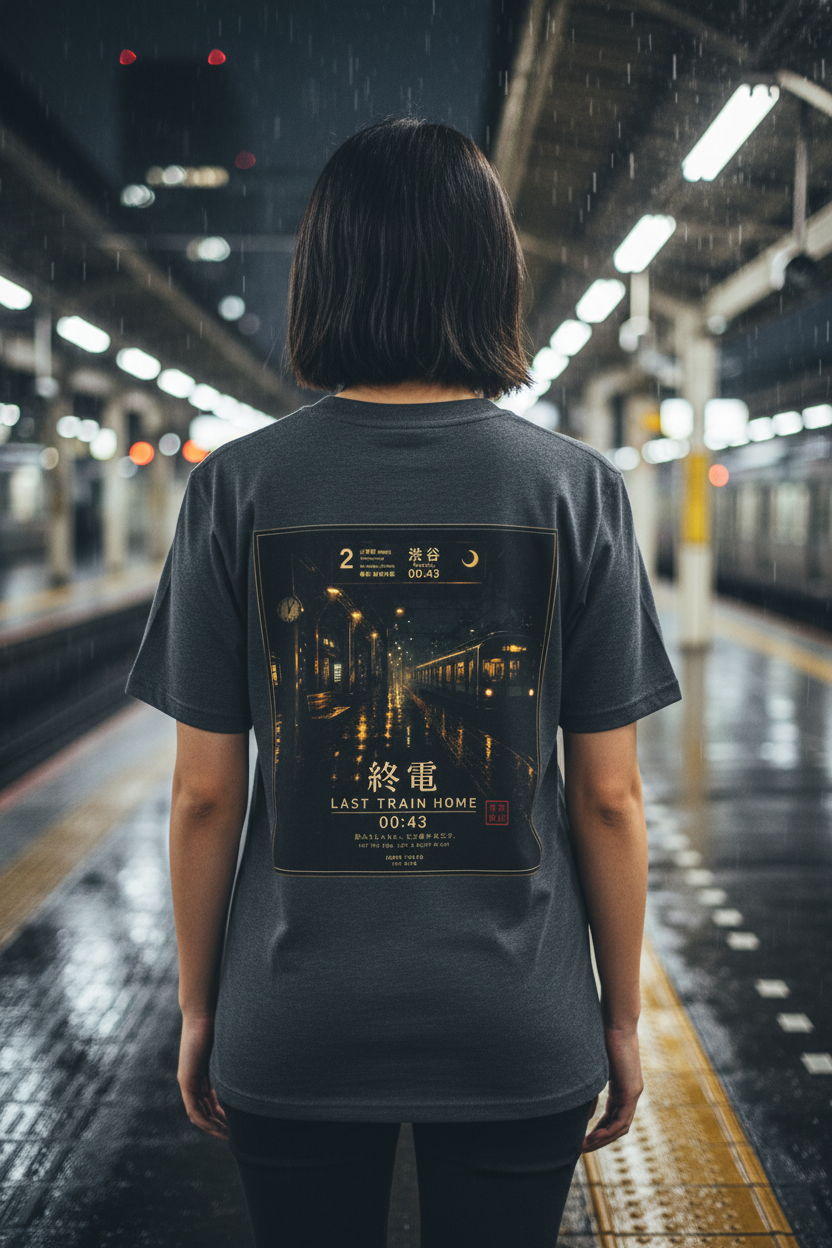 Last Train Home Charcoal Tee Girl Rainy Platform
