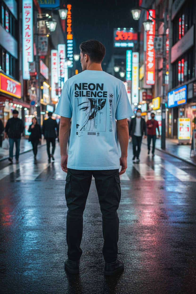 Neon Silence Light Blue - Guy Back Shot Shibuya Night