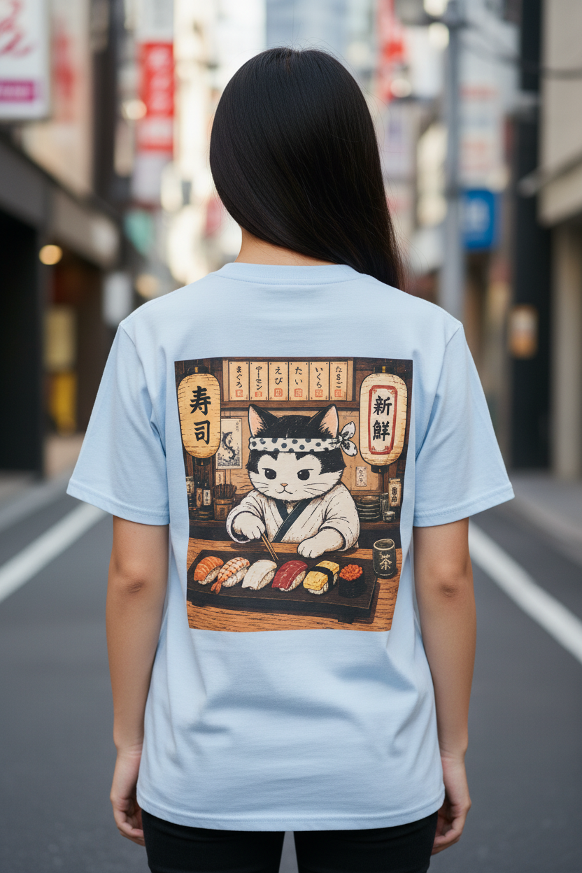 Sushi Cat Blue Tee Cute Girl From Behind