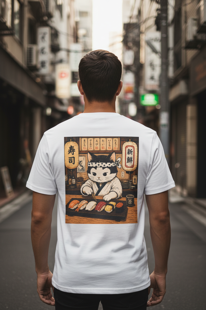 Sushi Cat White Tee Guy From Behind