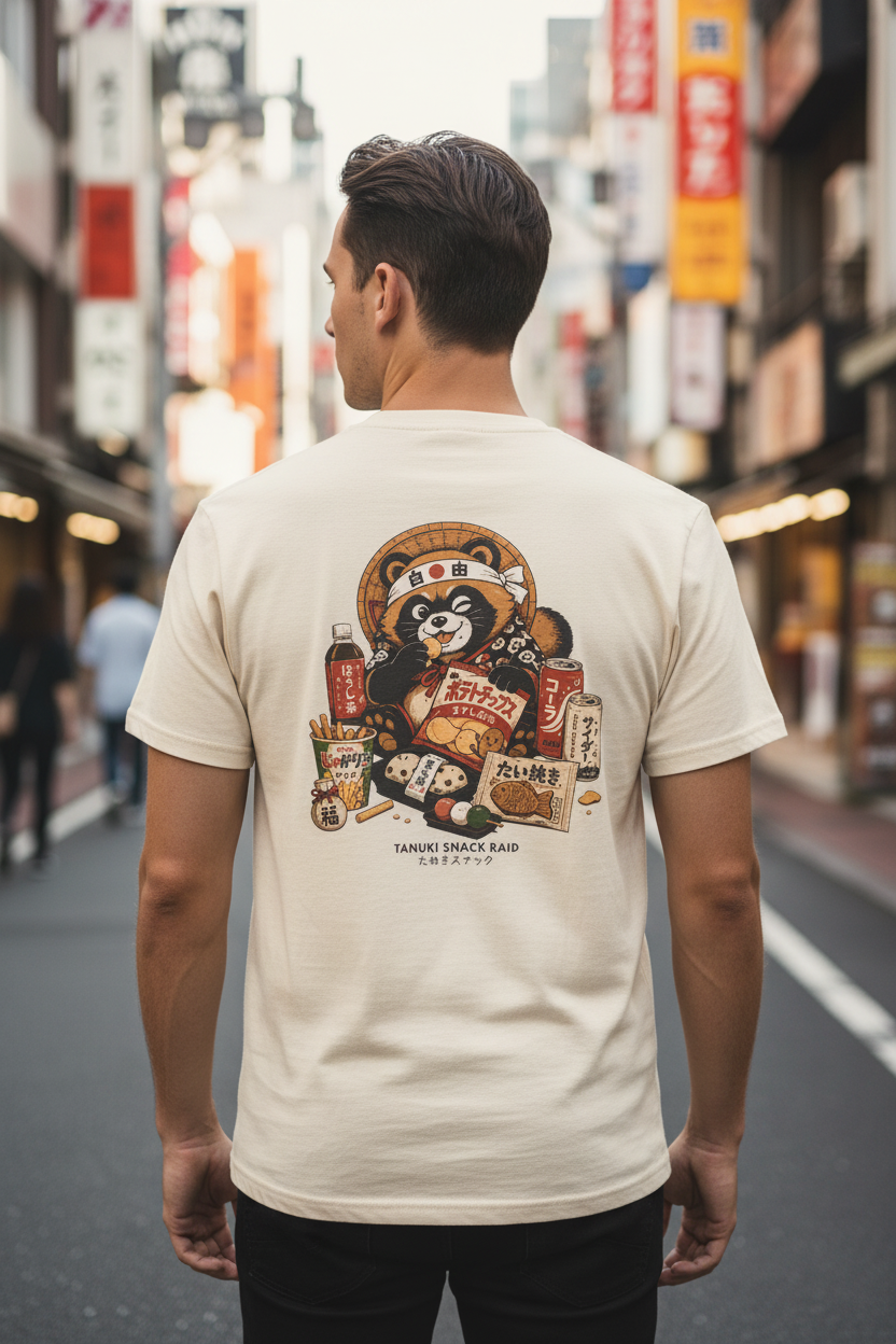 Tanuki Snack Raid Cream Tee Guy From Behind