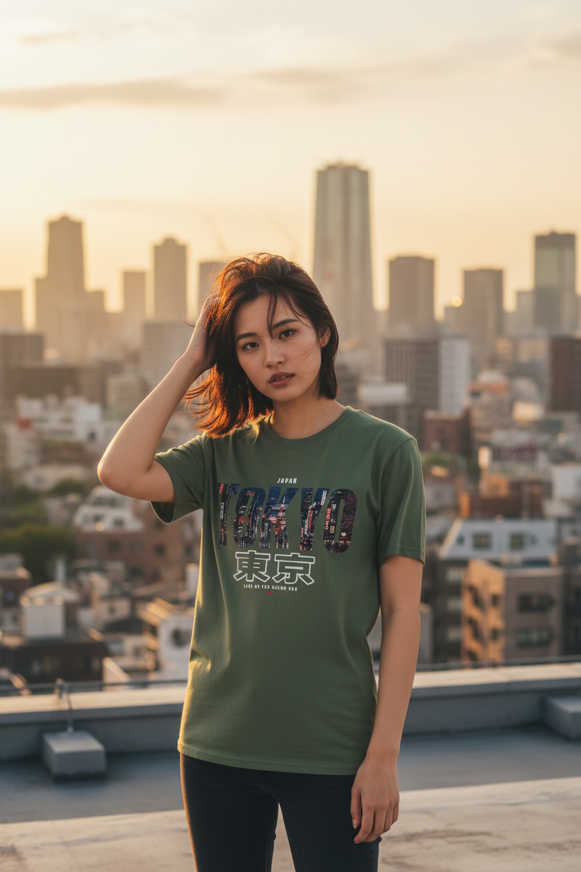 Tokyo Army Green – Japanese Girl Rooftop Golden Hour