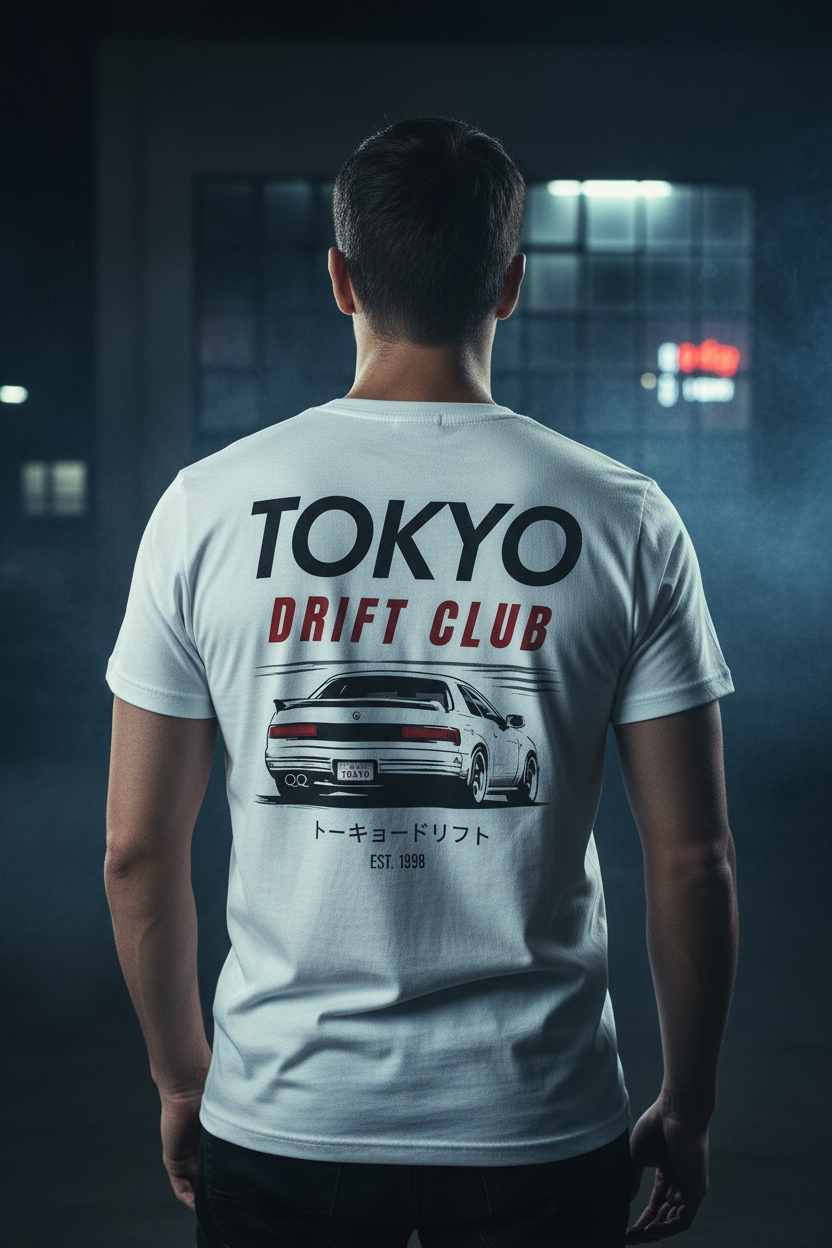 Tokyo Drift Club – White Back Model Shot