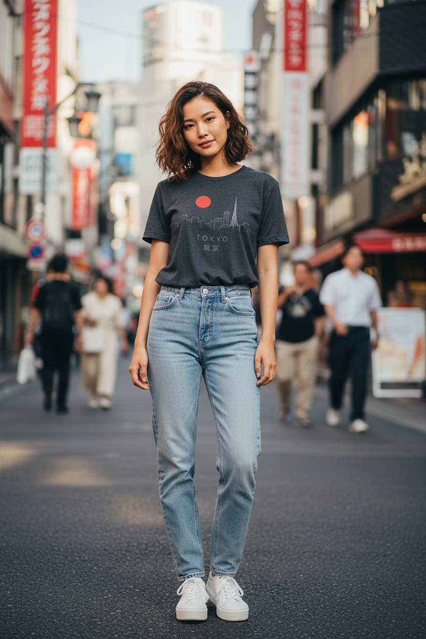 Tokyo Skyline Charcoal Cute Girl