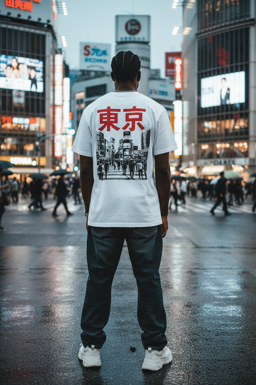 Tokyo Street Shirt - White - Black Male Model Back View