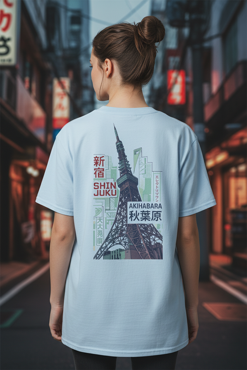 Tokyo Tower Vintage - Light Blue - Female Model Zoomed Out