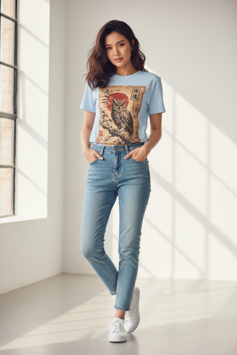 Yotaka Owl Cute Japanese Girl Blue Tee